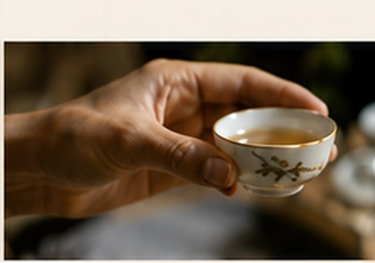 Hand holding a small gong fu tea cup